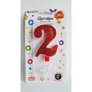 Piros glitteres számgyertya "2"