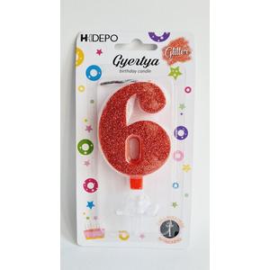 Piros glitteres számgyertya "6"