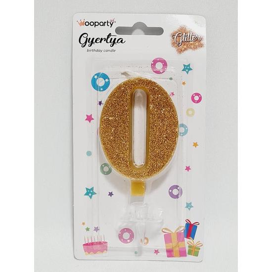 Arany glitteres számgyertya "0"